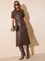 Friends Like These Chocolate Brown Faux Leather PU Manipulated Midi Dress - Image 3 of 5