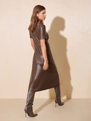 Friends Like These Chocolate Brown Faux Leather PU Manipulated Midi Dress - Image 5 of 5