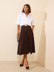 Friends Like These Chocolate Brown Full Hem Midi Faux Suede Skirt - Image 1 of 5