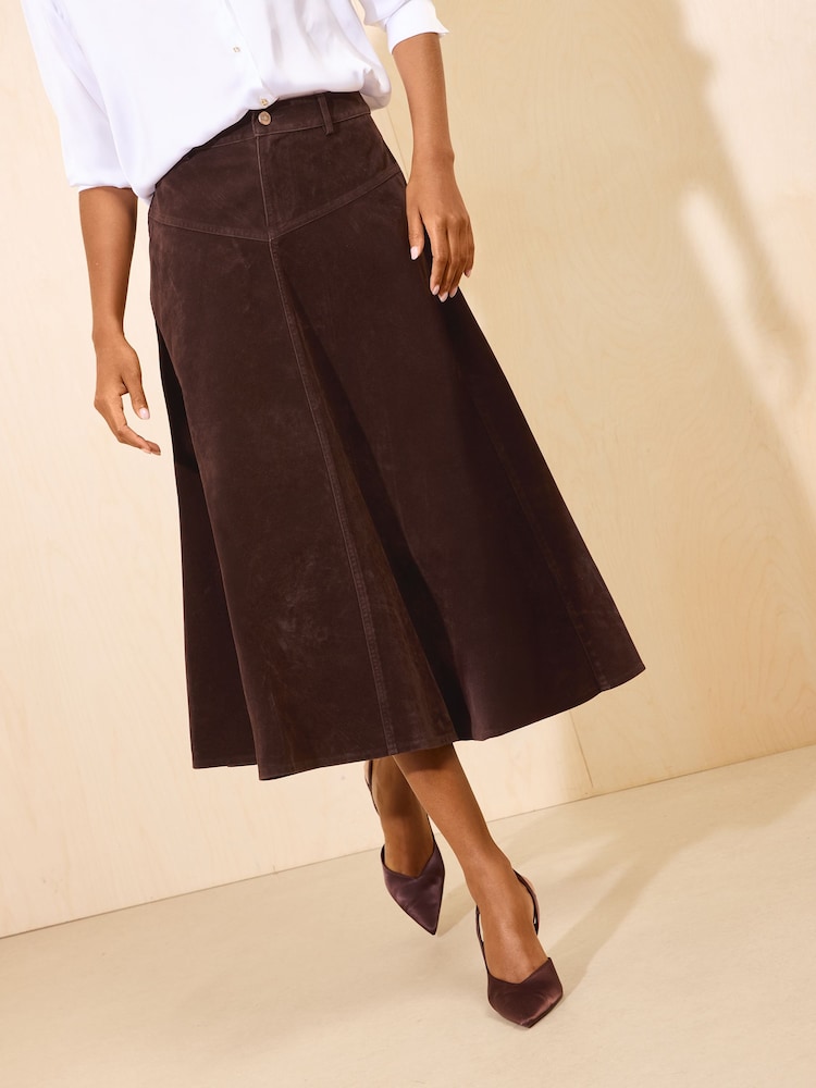 Friends Like These Chocolate Brown Full Hem Midi Faux Suede Skirt - Image 2 of 5 Friends Like These Chocolate Brown Full Hem Midi Faux Suede Skirt - Image 2 of 5