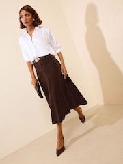 Friends Like These Chocolate Brown Full Hem Midi Faux Suede Skirt - Image 3 of 5