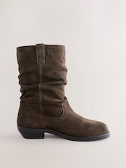 Khaki Green Standard fit Forever Comfort® Suede Slouch Pull On Midi Leather Boots - Image 1 of 5