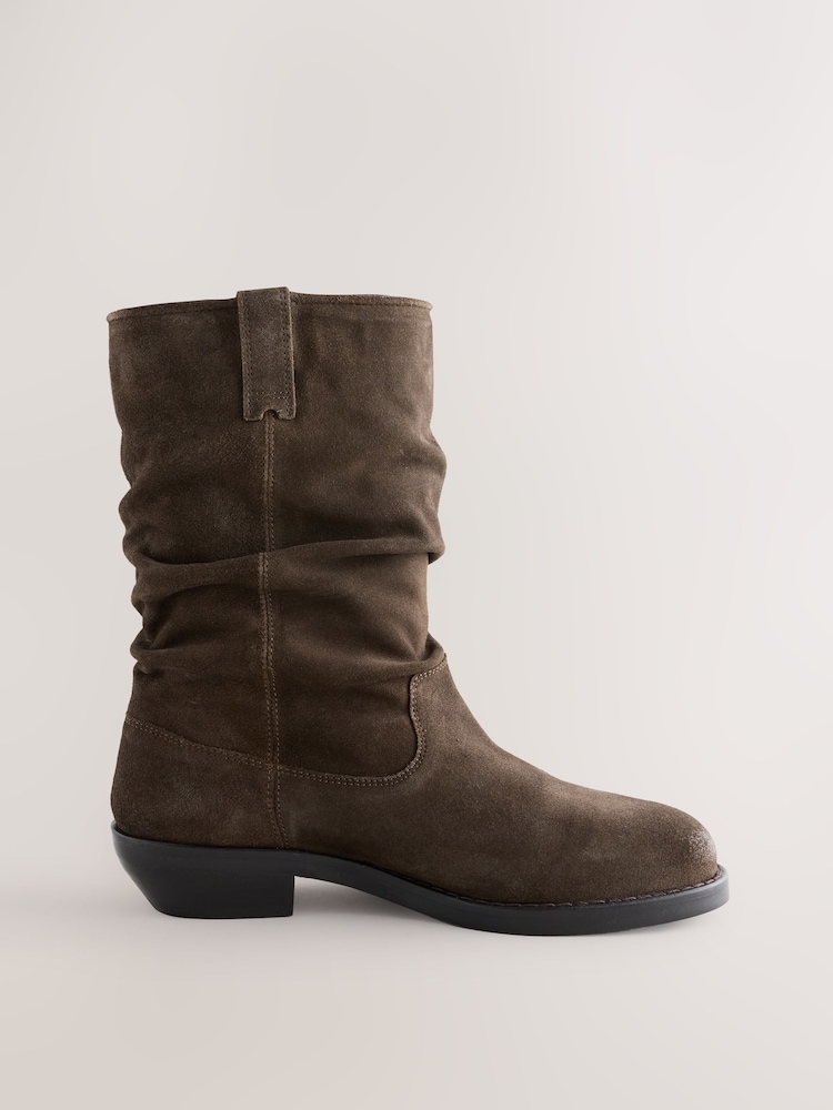 Khaki Green Standard fit Forever Comfort® Suede Slouch Pull On Midi Leather Boots - Image 1 of 5 Khaki Green Standard fit Forever Comfort® Suede Slouch Pull On Midi Leather Boots - Image 1 of 5