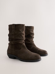 Khaki Green Standard fit Forever Comfort® Suede Slouch Pull On Midi Leather Boots - Image 2 of 5
