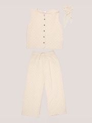 Miss Cream Textured Top Wide Leg Trouses And Scrunchie Outfit Set - Image 1 of 6