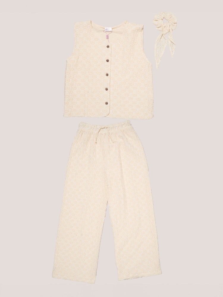 Miss Cream Textured Top Wide Leg Trouses And Scrunchie Outfit Set - Image 1 of 6