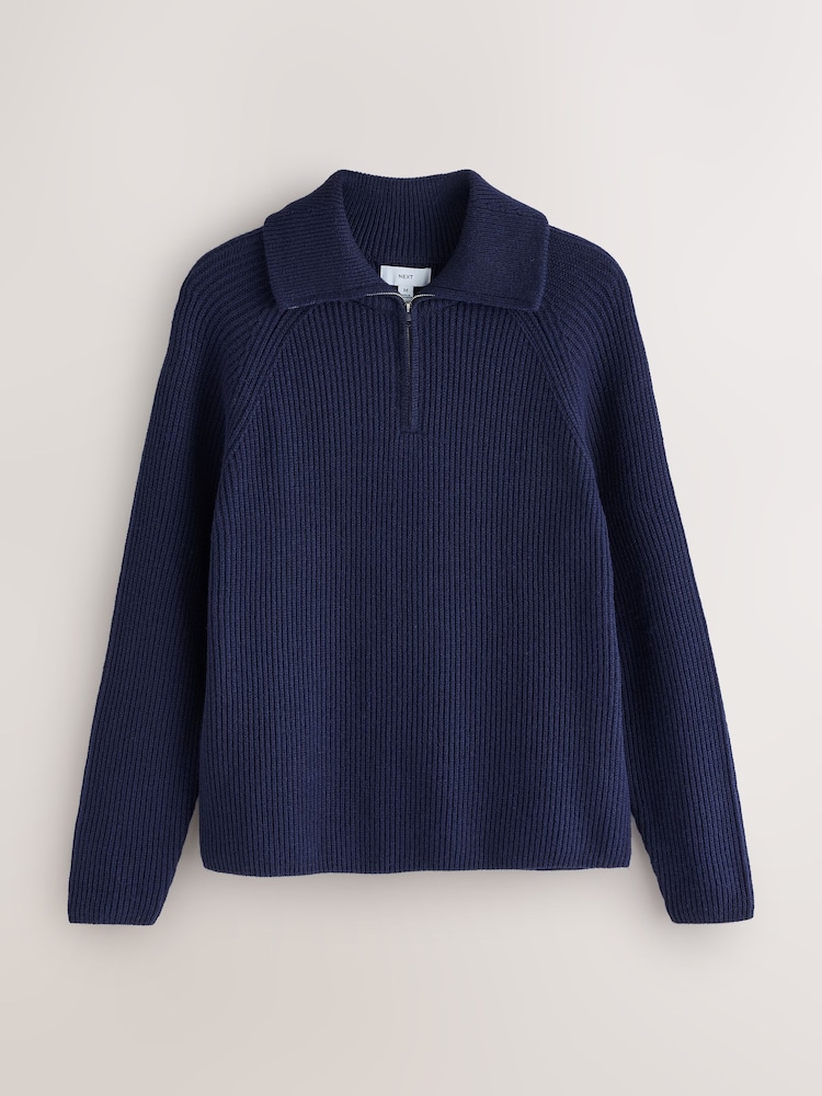 Navy N. Premium Ribbed Fold-Over Zip Neck Jumper With Wool - Image 1 of 3