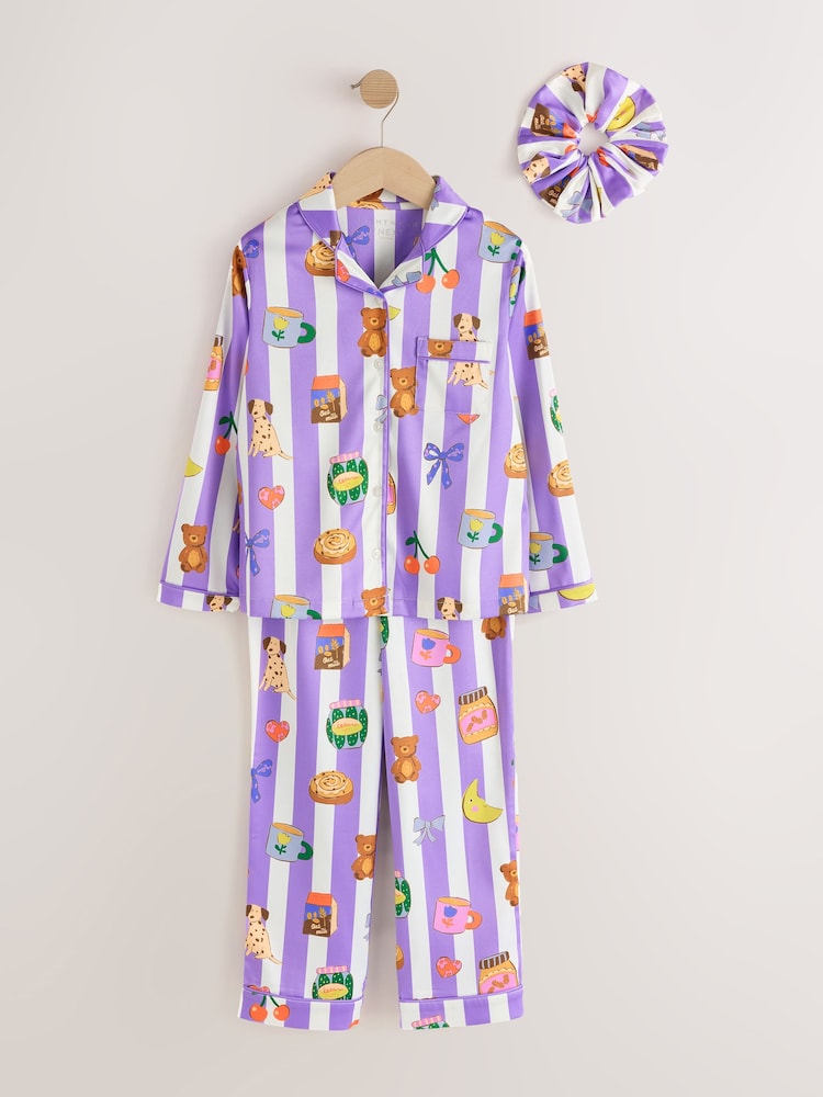 Purple Striped Satin Button Through Pyjamas (3-16yrs) - Image 1 of 4 Purple Striped Satin Button Through Pyjamas (3-16yrs) - Image 1 of 4