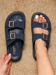Simmi London Blue Jesselyn Buckle Strap Chunky Footbed Slides - Image 1 of 4