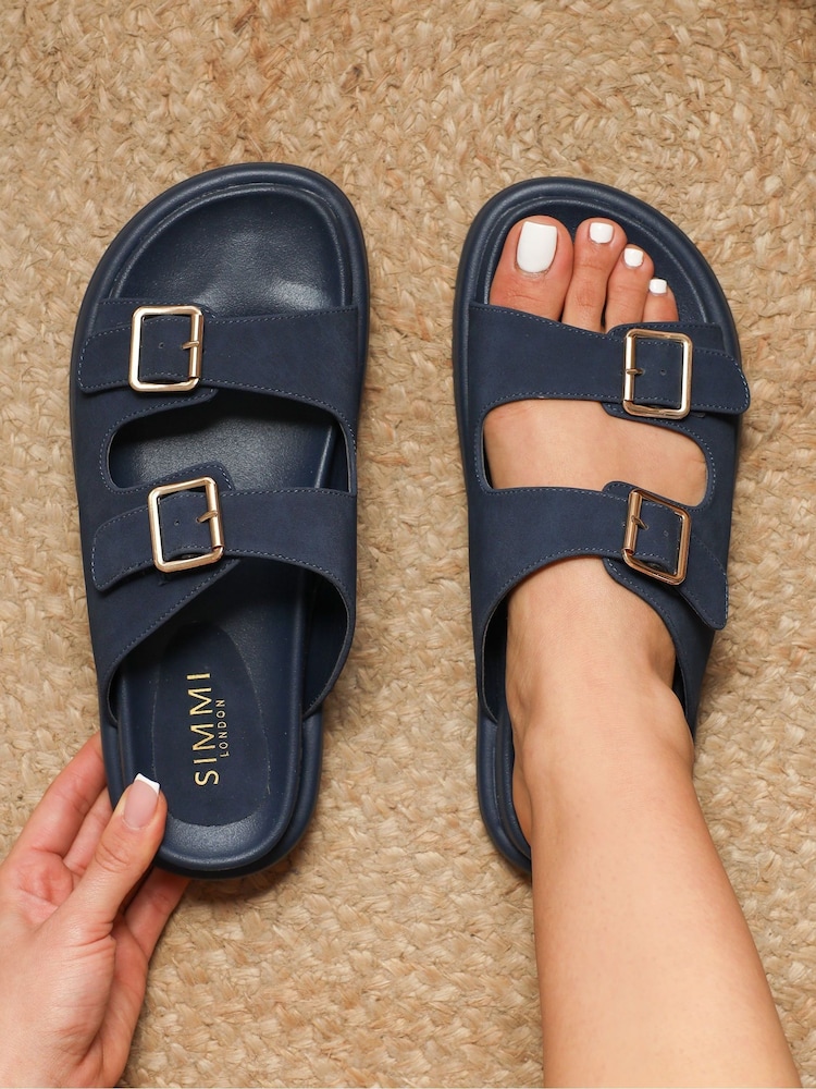 Simmi London Blue Jesselyn Buckle Strap Chunky Footbed Slides - Image 1 of 4 Simmi London Blue Jesselyn Buckle Strap Chunky Footbed Slides - Image 1 of 4