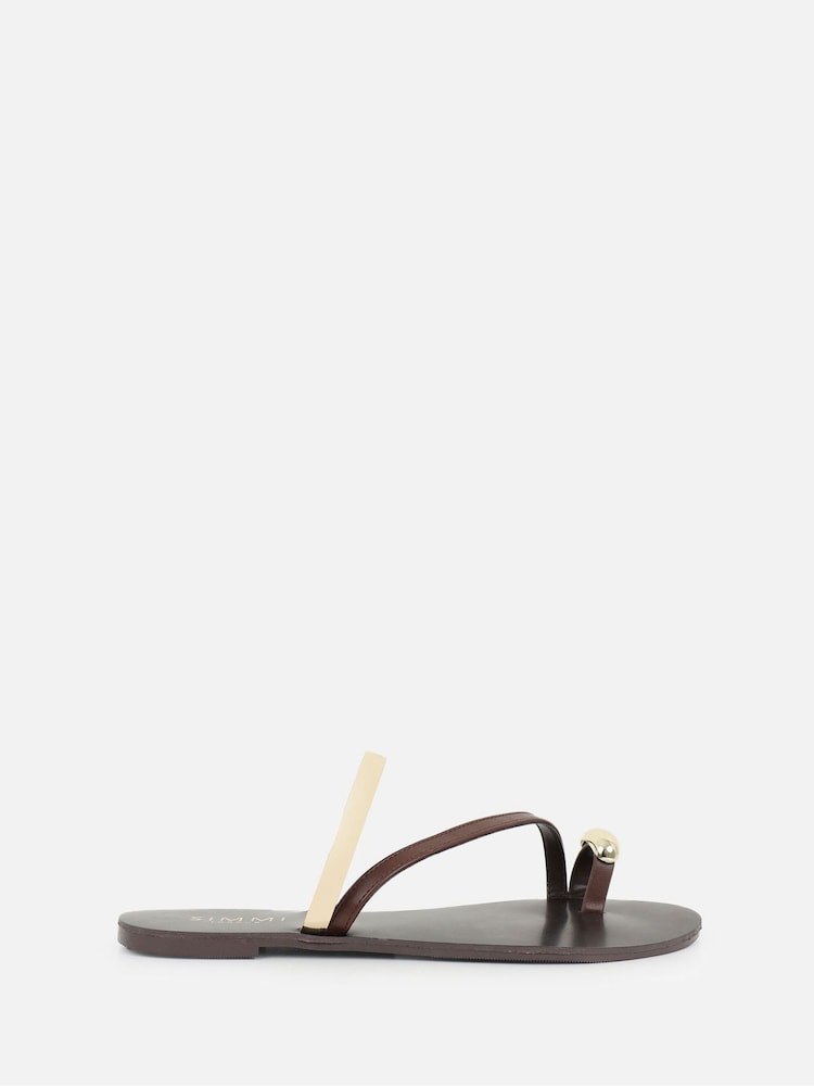 Simmi London Brown Carla Gold Detail Toe Thong Flat Sandals - Image 2 of 4