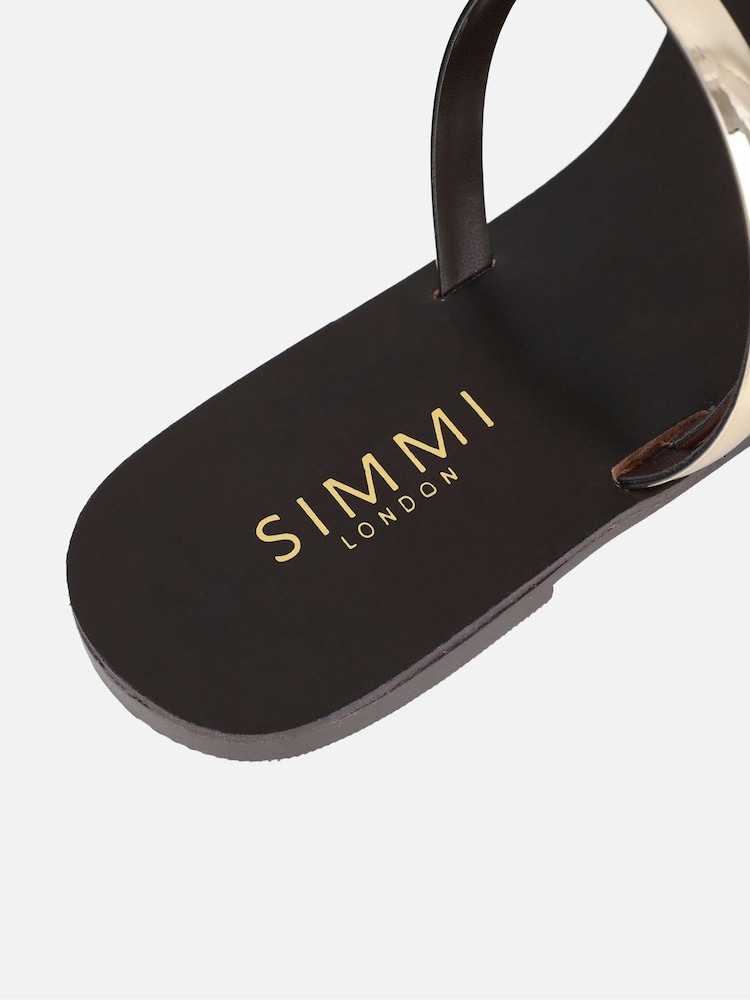 Simmi London Brown Carla Gold Detail Toe Thong Flat Sandals - Image 4 of 4