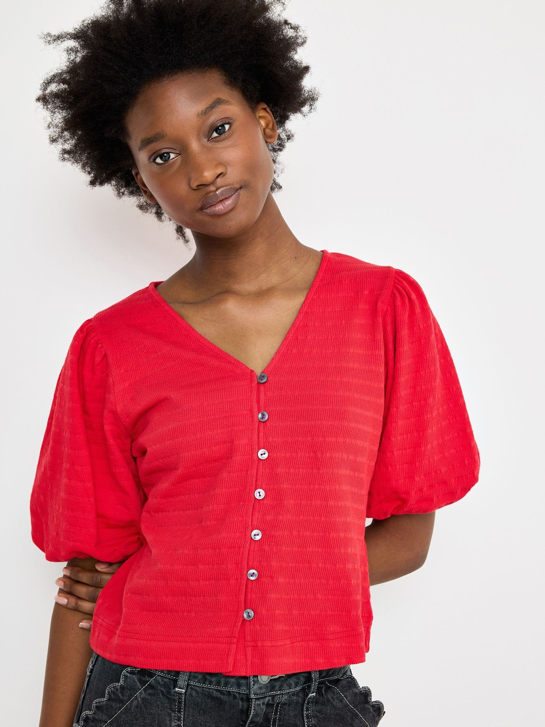 Buy Oliver Bonas Red Textured Button Up Puff Sleeve Top from the