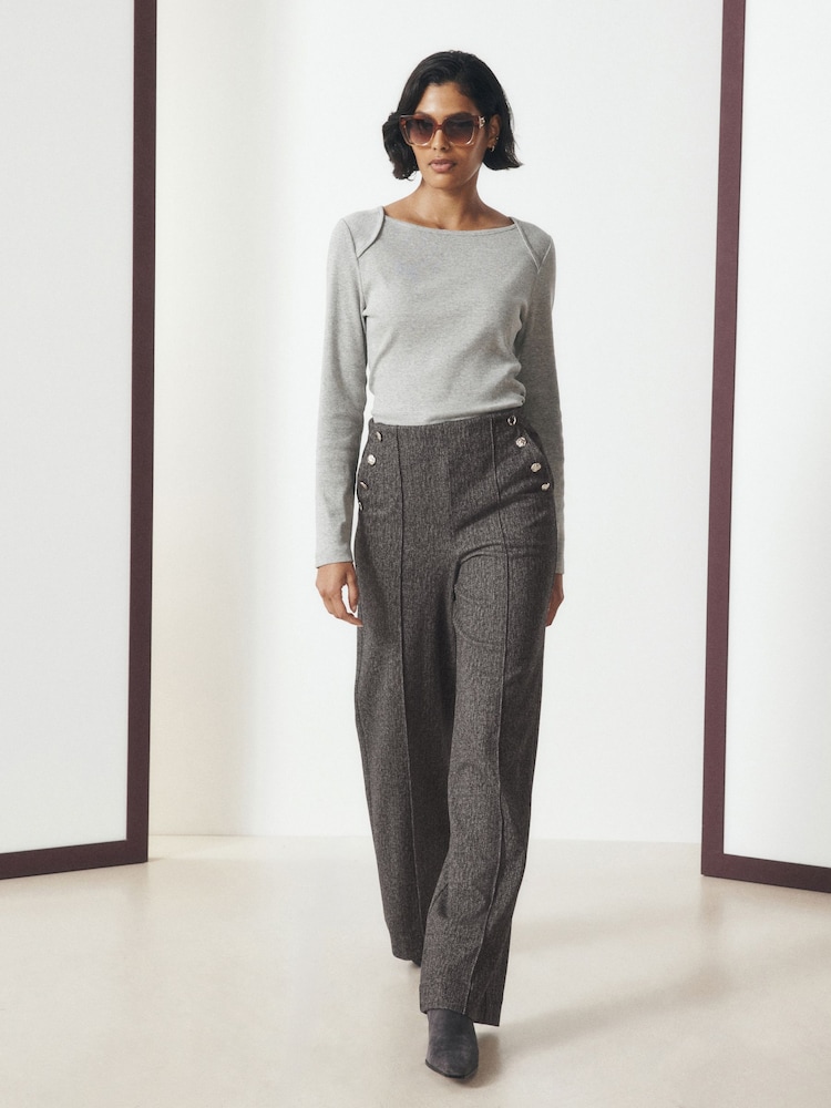 Grey Herringbone Ponte Wide Leg Trousers With Button Detailing - Image 1 of 8 Grey Herringbone Ponte Wide Leg Trousers With Button Detailing - Image 1 of 8