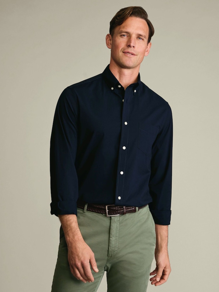 Charles Tyrwhitt Dark Blue Stripe Stretch Washed Poplin Shirt - Image 1 of 5