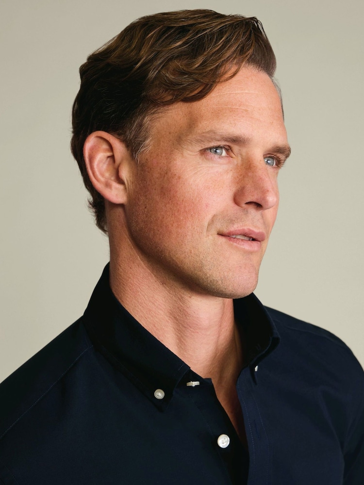 Charles Tyrwhitt Dark Blue Stripe Stretch Washed Poplin Shirt - Image 2 of 5