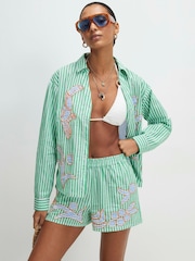 River Island Green Elasticated Striped Embroidered Shorts - Image 1 of 4