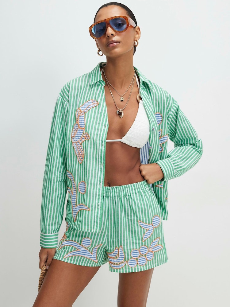 River Island Green Elasticated Striped Embroidered Shorts - Image 1 of 4