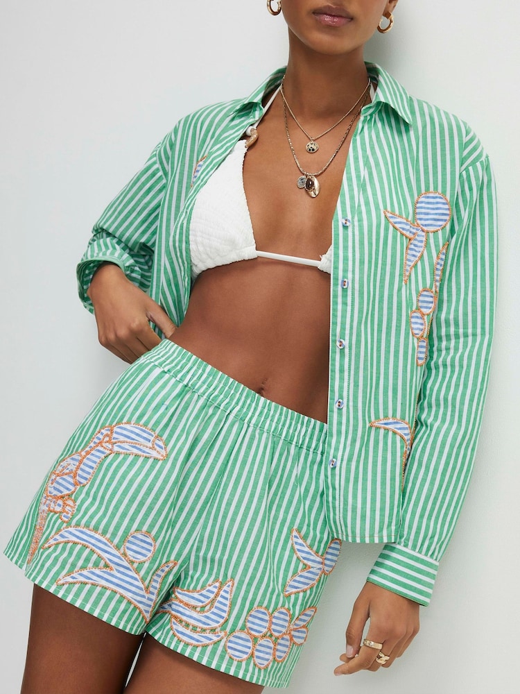River Island Green Elasticated Striped Embroidered Shorts - Image 4 of 4