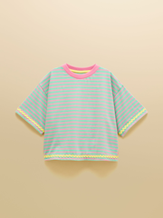 Joules Girls' Mila Aqua Blue Short Sleeve Stripe Boxy T-Shirt - Image 1 of 5