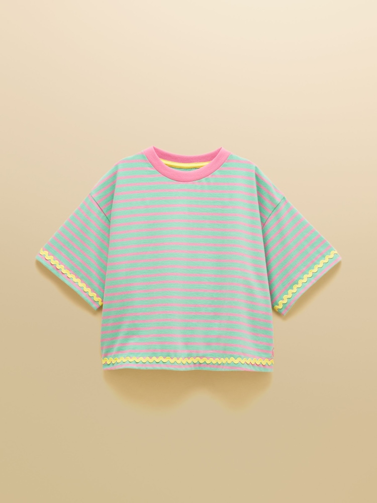 Joules Girls' Mila Aqua Blue Short Sleeve Stripe Boxy T-Shirt - Image 1 of 5