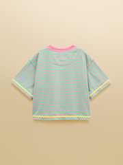 Joules Girls' Mila Aqua Blue Short Sleeve Stripe Boxy T-Shirt - Image 2 of 5