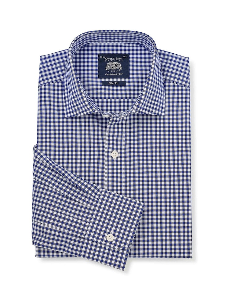 Plavo - Savile Row Company Gingham Check Slim Fit Cotton Single Cuff Formal Shirt - Slika 1 od 3