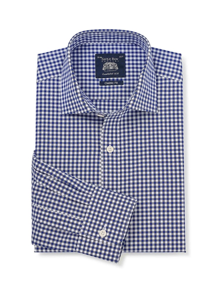 أزرق داكن - Savile Row Company Gingham Check Classic Fit Cotton Single Cuff Formal Shirt - Image 1 of 3
