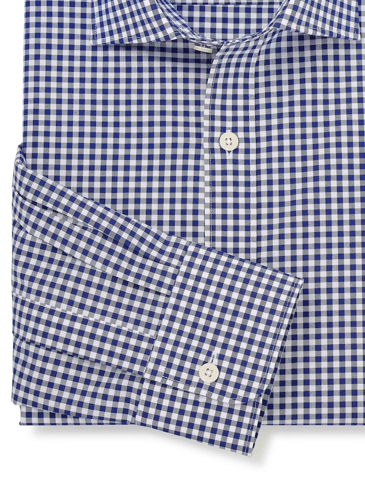 أزرق داكن - Savile Row Company Gingham Check Classic Fit Cotton Single Cuff Formal Shirt - Image 2 of 3