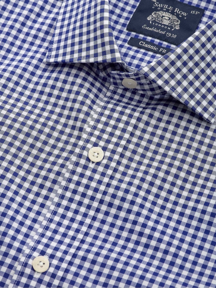 أزرق داكن - Savile Row Company Gingham Check Classic Fit Cotton Single Cuff Formal Shirt - Image 3 of 3