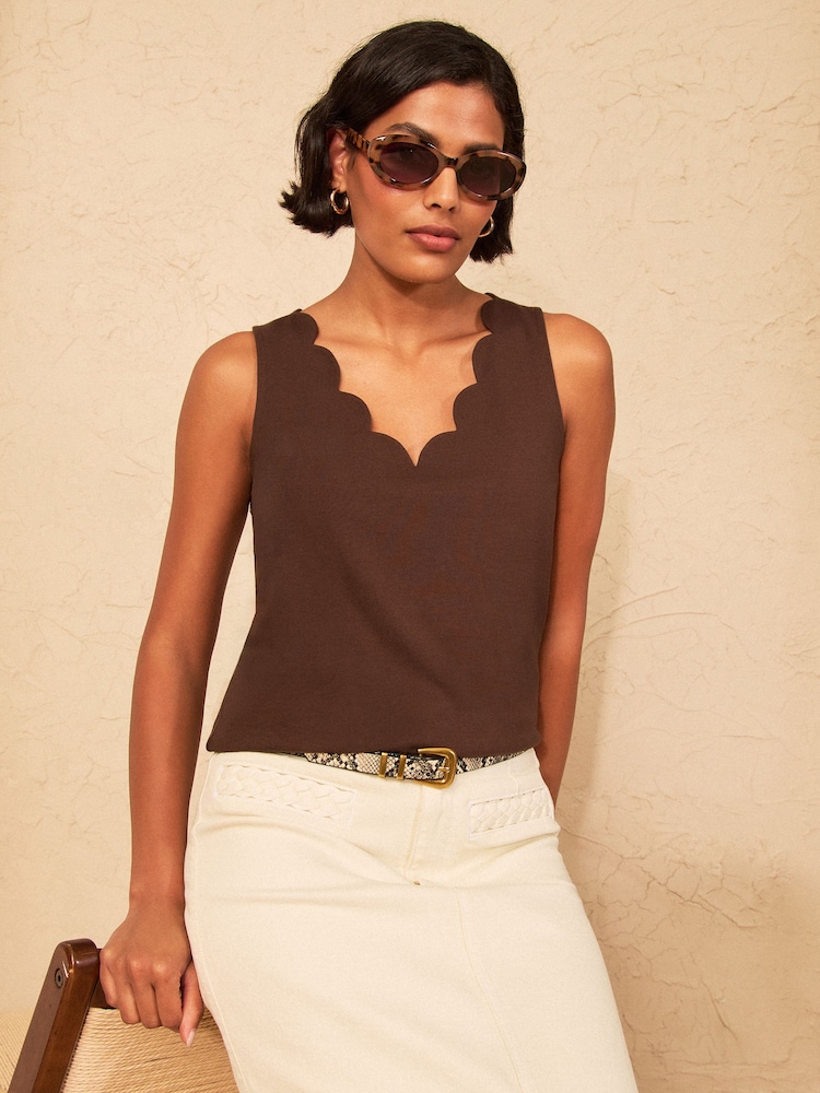 Love & Roses Chocolate Brown Scallop Scoop Neck Vest - Image 1 of 4