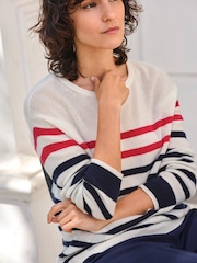 Pure Collection Blue Cashmere Gassato Breton Stripe Crew Neck Jumper - Image 3 of 3