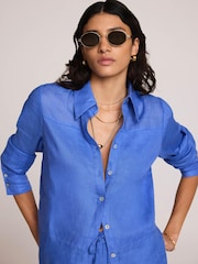 Mint Velvet Blue Linen Sheer Panel Shirt - Image 5 of 8