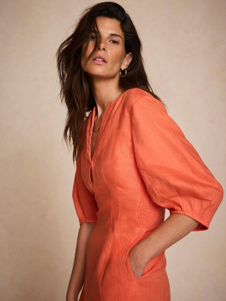 Mint Velvet Orange Beige Puff Sleeve Midi Dress | Size 6 | Orange | 3/4 Sleeve | V Neck
