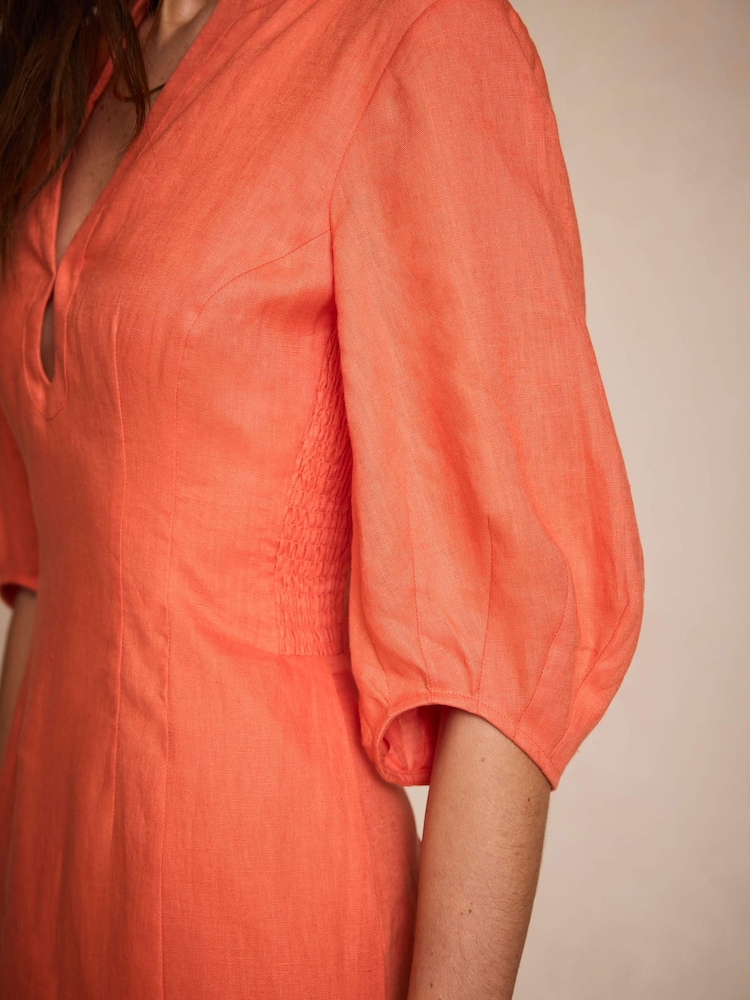 Mint Velvet Orange Beige Puff Sleeve Midi Dress | Size 6 | Orange | 3/4 Sleeve | V Neck