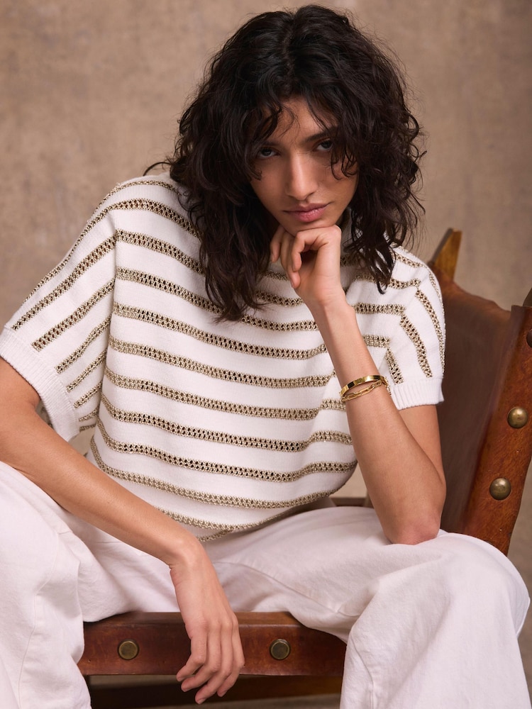 Mint Velvet Cotton Blend Metallic Stripe Top - תמונה 1 מתוך 8