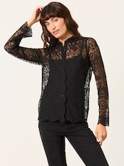 FatFace Lilly 2 in 1 Black Lace Shirt with Jersey Cami - Image 1 of 6