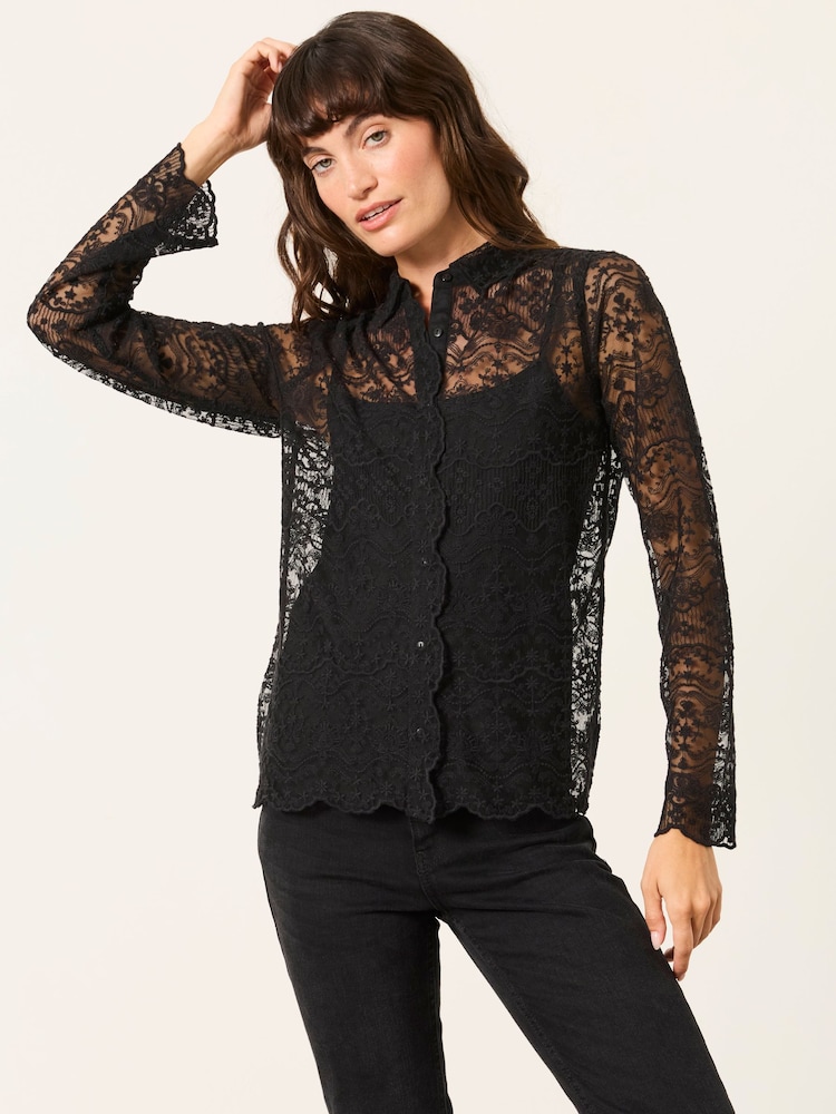 FatFace Lilly 2 in 1 Black Lace Shirt with Jersey Cami - Image 1 of 6 FatFace Lilly 2 in 1 Black Lace Shirt with Jersey Cami - Image 1 of 6