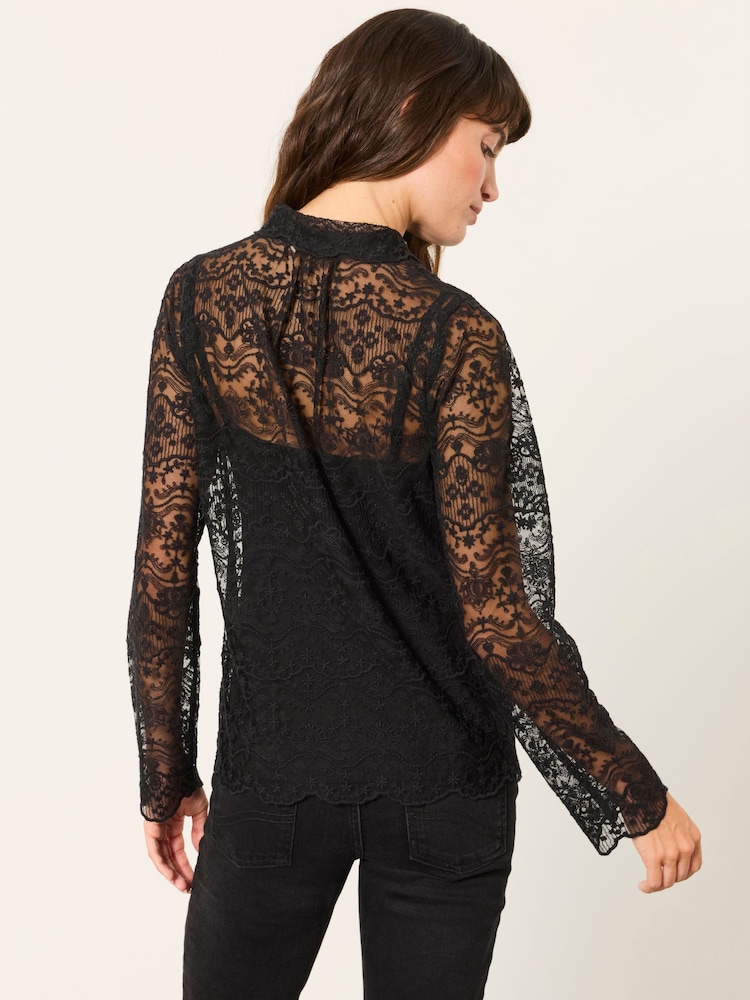 FatFace Lilly 2 in 1 Black Lace Shirt with Jersey Cami - Image 2 of 6 FatFace Lilly 2 in 1 Black Lace Shirt with Jersey Cami - Image 2 of 6