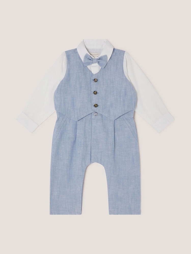 Monsoon Blue Newborn Arlo Waistcoat Romper - Image 1 of 3 Monsoon Blue Newborn Arlo Waistcoat Romper - Image 1 of 3