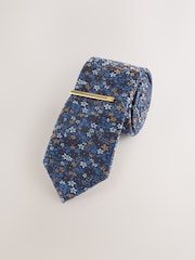 Navy Ditsy Floral Tie With Tie Clip - Image 1 of 3