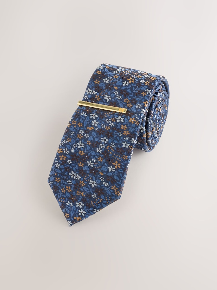 Navy Ditsy Floral Tie With Tie Clip - Image 1 of 3
