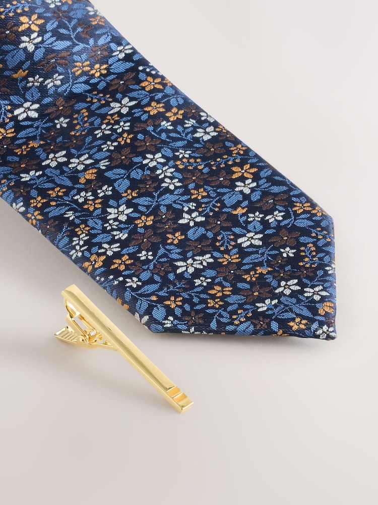 Navy Ditsy Floral Tie With Tie Clip - Image 2 of 3