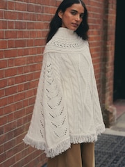 أبيض بيج فاتح - Knitted Long Cape Poncho with Tassels - صورة 3 من 7