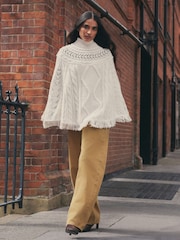 أبيض بيج فاتح - Knitted Long Cape Poncho with Tassels - صورة 4 من 7