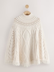 أبيض بيج فاتح - Knitted Long Cape Poncho with Tassels - صورة 5 من 7