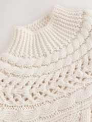أبيض بيج فاتح - Knitted Long Cape Poncho with Tassels - صورة 6 من 7