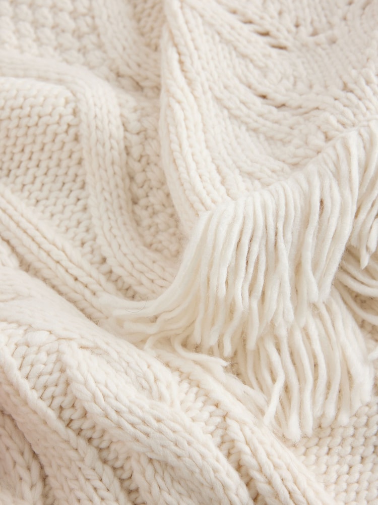 أبيض بيج فاتح - Knitted Long Cape Poncho with Tassels - صورة 7 من 7