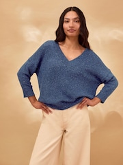 Celtic & Co. Blue Linen Blend V-Neck Jumper - Image 3 of 5