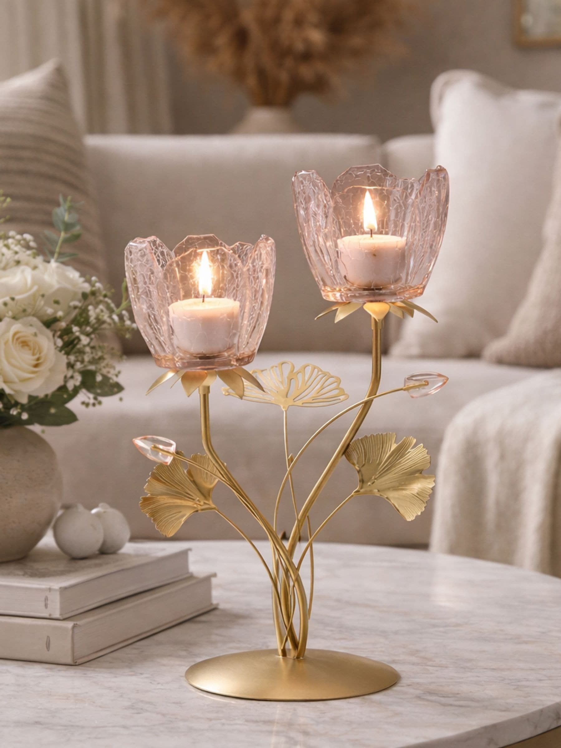 Hestia 2 Stem Candle Holder With Blush Pink Glass On Gold Base - Image 2